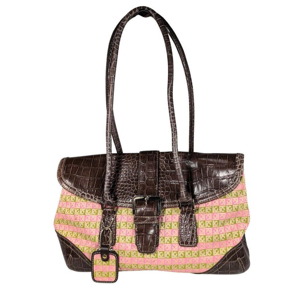 Liz Claiborne Y2K Signature Pink Green Canvas Brown Faux Croc Satchel